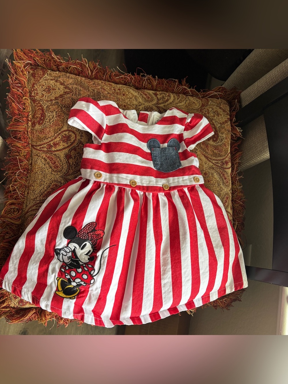 Disney Red and White Striped Minnie Mouse Cotton Blend Baby Dress 9-12 m